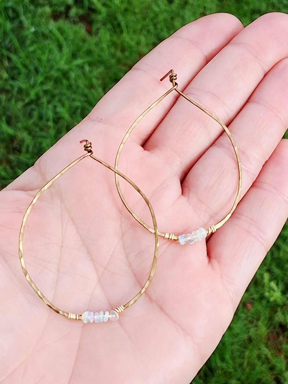 Hammered Bronze Teardrop Stud Earrings with Opal Bead Accents